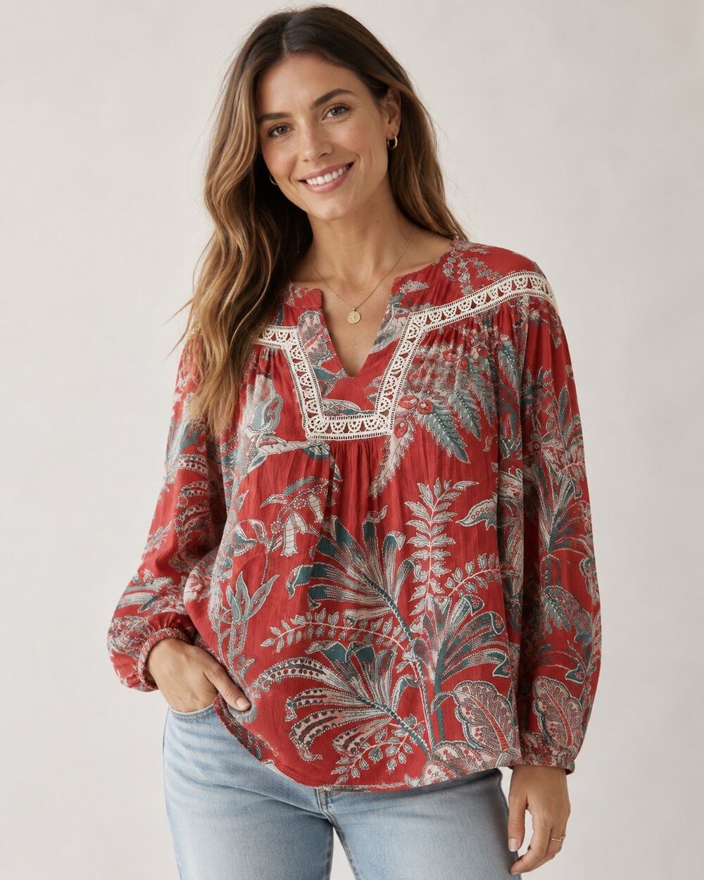LOFT Floral Boho Blouse Medium Coral Teal Lace Trim Long Sleeve Cotton Top